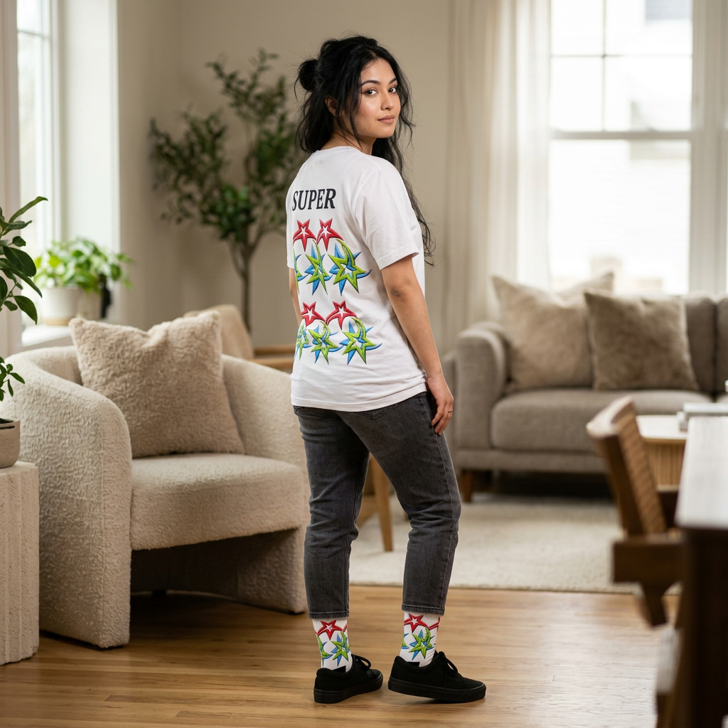 Sublimation Crew Socks — Colorful Starburst ‘SUPER’ Athletic Crew Socks